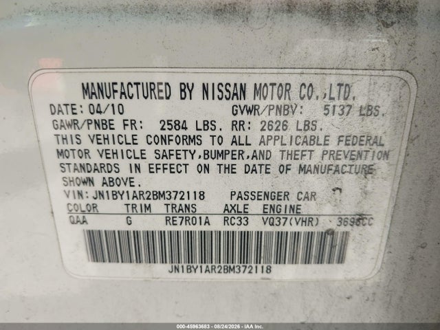 Aukcja sprzedaży 2011 Infiniti M37x, vin: JN1BY1AR2BM372118, numer aukcji: 45963683