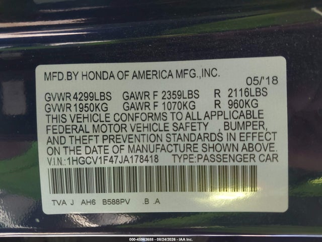 Honda ACCORD EX 2018 1HGCV1F47JA178418 Image 9