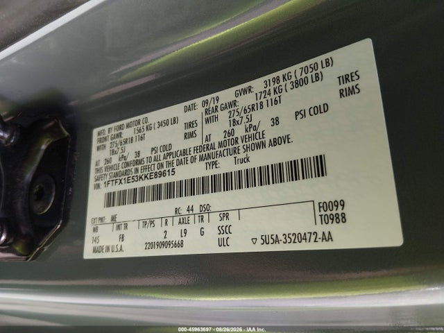 45963697 :رقم المزاد ، 1FTFX1E53KKE89615 vin ، 2019 Ford F-150 Xlt مزاد بيع
