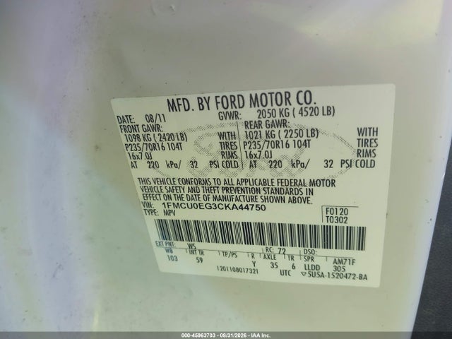 Aukcja sprzedaży 2012 Ford Escape Limited, vin: 1FMCU0EG3CKA44750, numer aukcji: 45963703