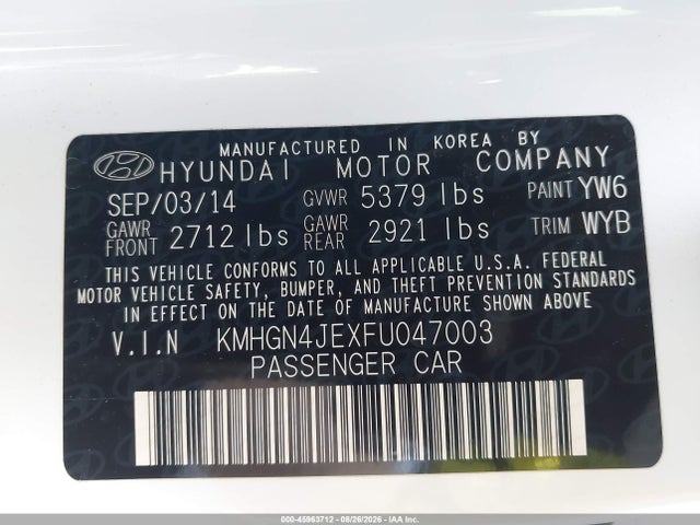 2015 Hyundai Genesis 3.8 მანქანა იყიდება აუქციონზე, vin: KMHGN4JEXFU047003, აუქციონის ნომერი: 45963712