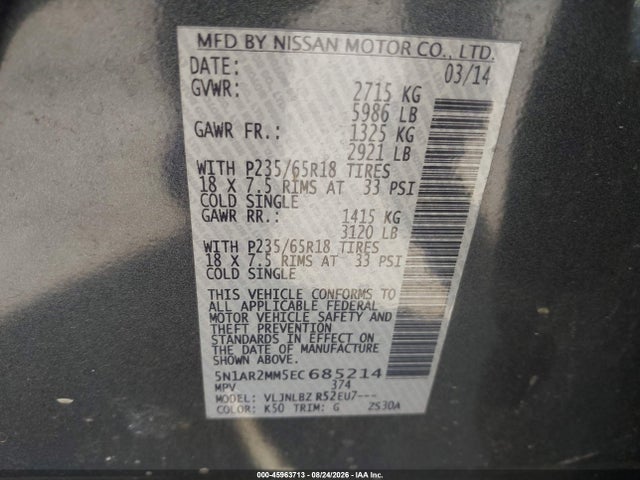 45963713 :رقم المزاد ، 5N1AR2MM5EC685214 vin ، 2014 Nissan Pathfinder S مزاد بيع