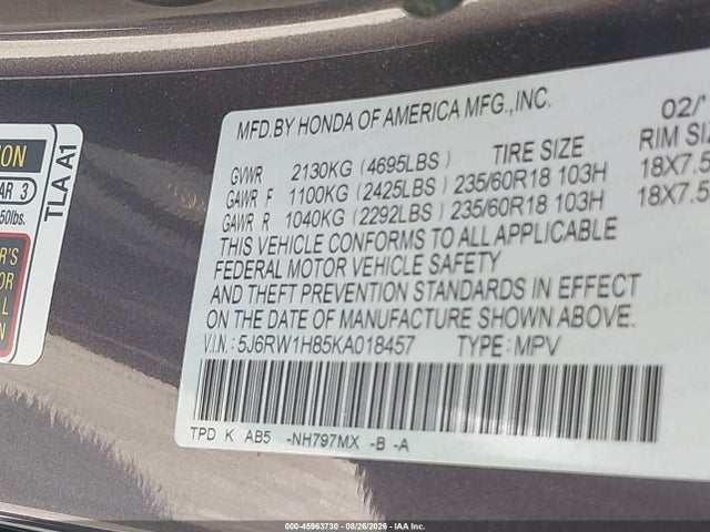 Aukcja sprzedaży 2019 Honda Cr-v Ex-l, vin: 5J6RW1H85KA018457, numer aukcji: 45963730