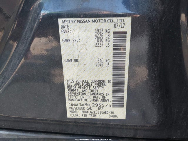 Продаж на аукціоні авто 2017 Nissan Altima 2.5 S, vin: 1N4AL3AP9HC295575, номер лоту: 45963744