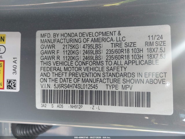 Aukcja sprzedaży 2025 Honda Cr-v Ex-l Awd, vin: 5J6RS4H74SL012545, numer aukcji: 45963745