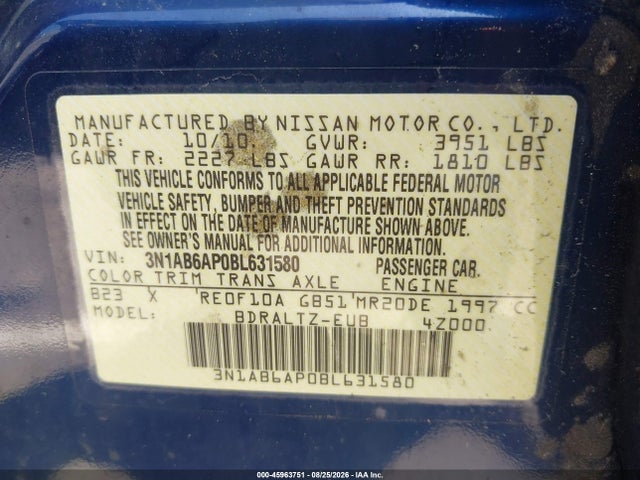 2011 Nissan Sentra 2.0s მანქანა იყიდება აუქციონზე, vin: 3N1AB6AP0BL631580, აუქციონის ნომერი: 45963751