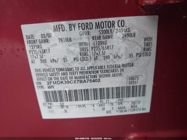 Aukcja sprzedaży 2007 Ford Edge Sel Plus, vin: 2FMDK39CX7BA75402, numer aukcji: 45963759