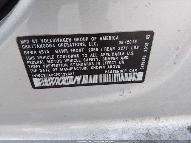 Aukcja sprzedaży 2015 Volkswagen Passat 1.8t Sel Premium, vin: 1VWCS7A30FC122631, numer aukcji: 45963763