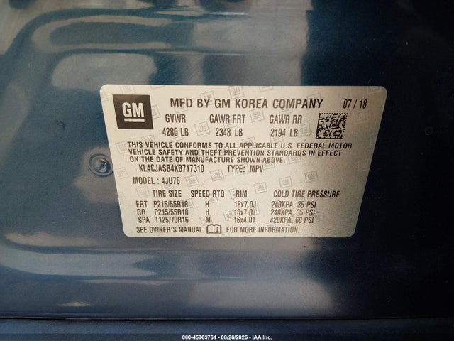2019 Buick Encore Fwd Preferred მანქანა იყიდება აუქციონზე, vin: KL4CJASB4KB717310, აუქციონის ნომერი: 45963764