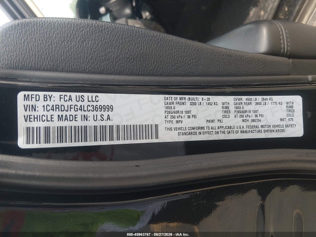 45963767 :رقم المزاد ، 1C4RDJFG4LC369999 vin ، 2020 Dodge Durango Pursuit Awd مزاد بيع