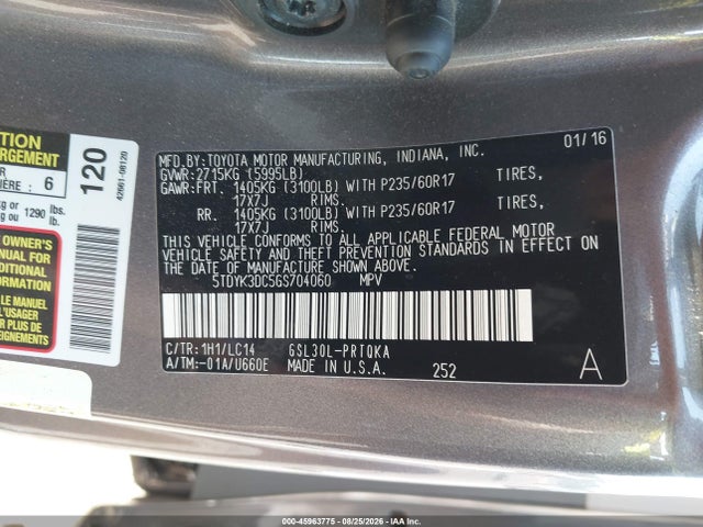 Продажа на аукционе авто 2016 Toyota Sienna Xle 8 Passenger, vin: 5TDYK3DC5GS704060, номер лота: 45963775
