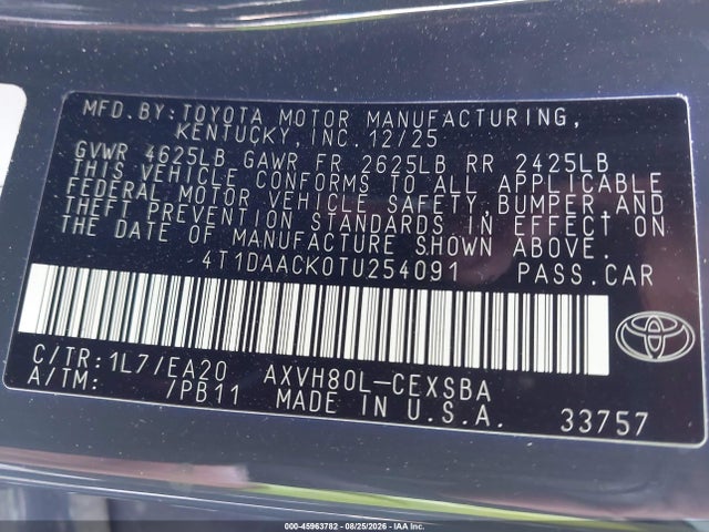 45963782 :رقم المزاد ، 4T1DAACK0TU254091 vin ، 2026 Toyota Camry Se مزاد بيع
