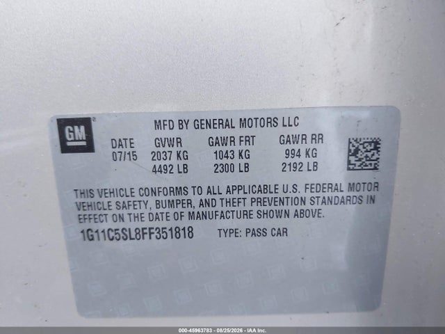 Aukcja sprzedaży 2015 Chevrolet Malibu 1lt, vin: 1G11C5SL8FF351818, numer aukcji: 45963783