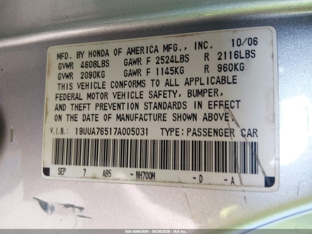 Продаж на аукціоні авто 2007 Acura Tl Type S, vin: 19UUA76517A005031, номер лоту: 45963806