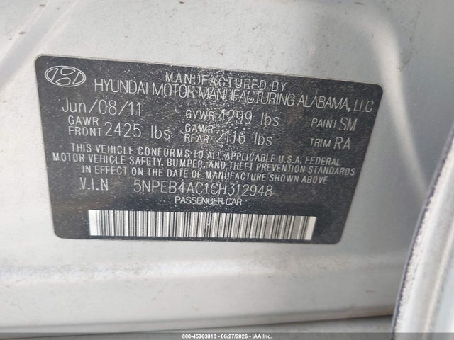 2012 Hyundai Sonata Gls მანქანა იყიდება აუქციონზე, vin: 5NPEB4AC1CH312948, აუქციონის ნომერი: 45963810