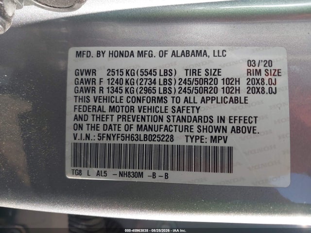 45963838 :رقم المزاد ، 5FNYF5H63LB025228 vin ، 2020 Honda Pilot 2wd Touring 7 Passenger مزاد بيع