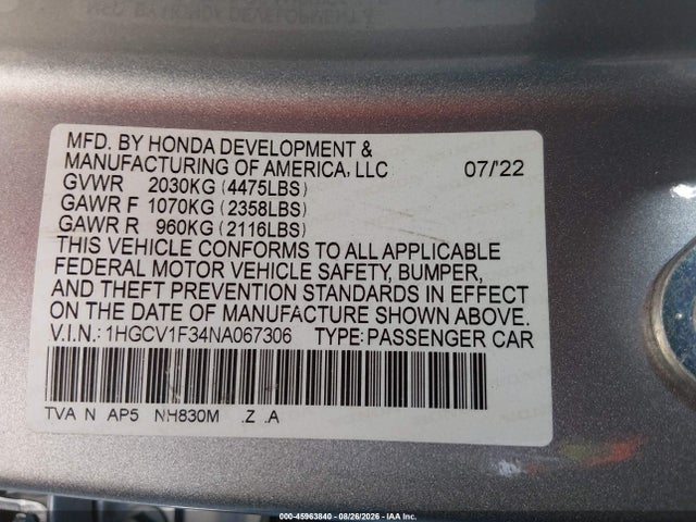 45963840 :رقم المزاد ، 1HGCV1F34NA067306 vin ، 2022 Honda Accord Sport مزاد بيع