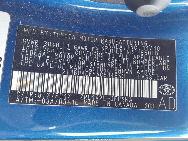 45963852 :رقم المزاد ، 2T1BU4EE5AC514653 vin ، 2010 Toyota Corolla S مزاد بيع