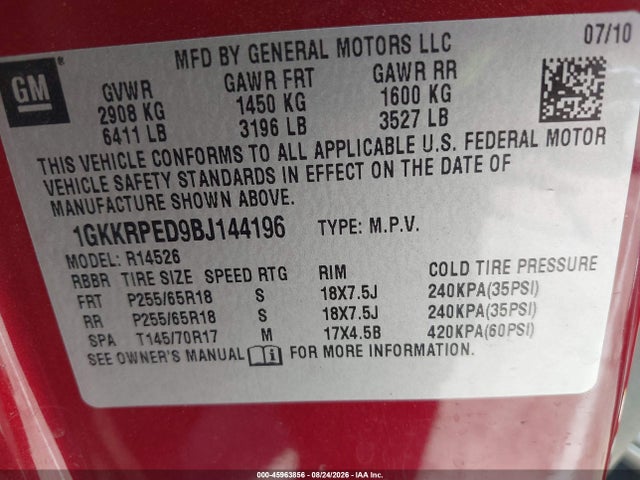 45963856 :رقم المزاد ، 1GKKRPED9BJ144196 vin ، 2011 Gmc Acadia Sle مزاد بيع