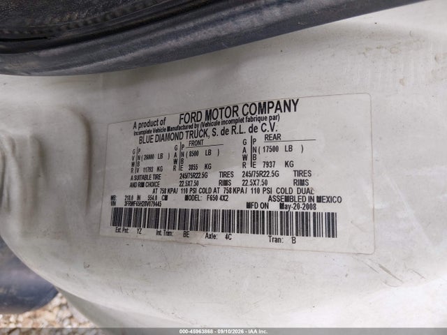 45963868 :رقم المزاد ، 3FRWF65H28V079445 vin ، 2008 Ford Super Duty F-650 Straight Frame Xl/xlt مزاد بيع