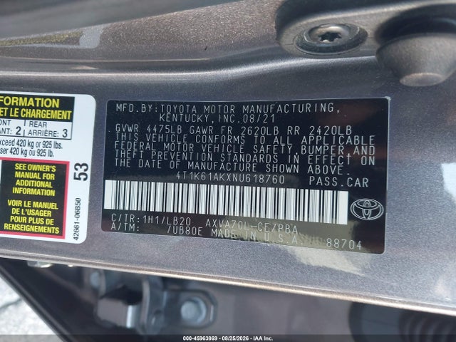 45963869 :رقم المزاد ، 4T1K61AKXNU618760 vin ، 2022 Toyota Camry Xse مزاد بيع