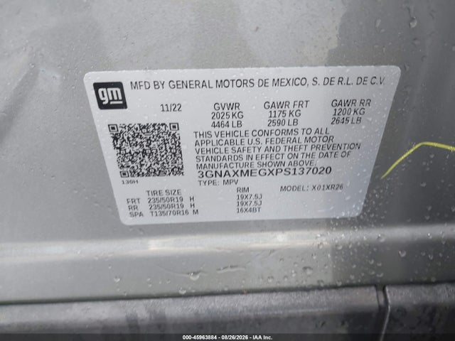 Aukcja sprzedaży 2023 Chevrolet Equinox Fwd Rs, vin: 3GNAXMEGXPS137020, numer aukcji: 45963884