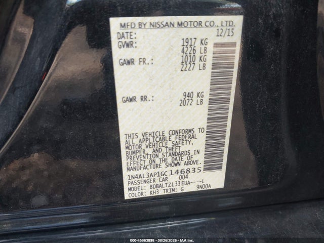 2016 Nissan Altima 2.5 Sl მანქანა იყიდება აუქციონზე, vin: 1N4AL3AP1GC146835, აუქციონის ნომერი: 45963898