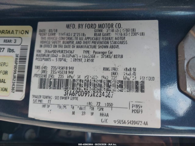 Продажа на аукционе авто 2018 Ford Fusion Titanium, vin: 3FA6P0D99JR234367, номер лота: 45963904