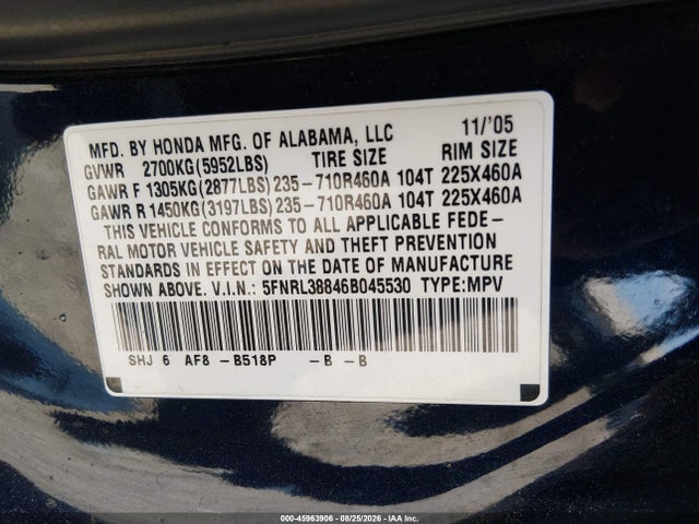 2006 Honda Odyssey Touring მანქანა იყიდება აუქციონზე, vin: 5FNRL38846B045530, აუქციონის ნომერი: 45963906