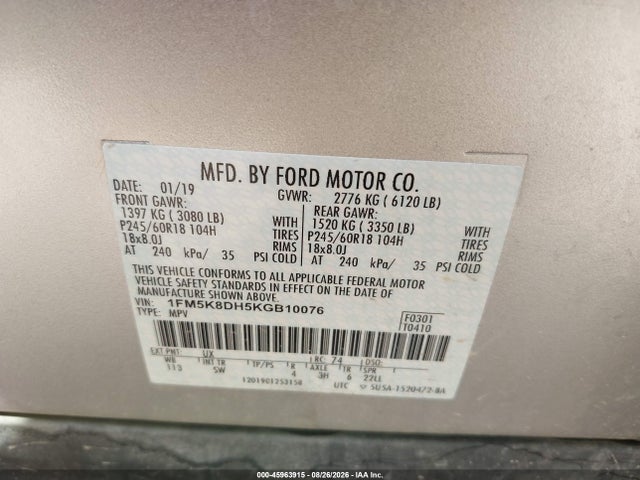 Продажа на аукционе авто 2019 Ford Explorer Xlt, vin: 1FM5K8DH5KGB10076, номер лота: 45963915