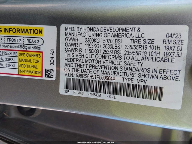 45963924 :رقم المزاد ، 5J6RS6H91PL006044 vin ، 2023 Honda Cr-v Hybrid Sport Touring مزاد بيع