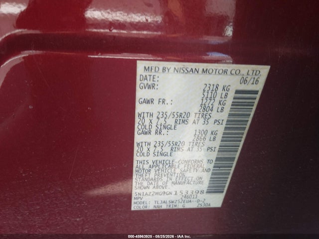 Продаж на аукціоні авто 2016 Nissan Murano Platinum, vin: 5N1AZ2MG9GN153398, номер лоту: 45963925