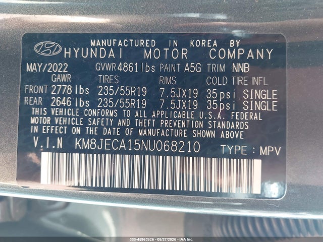 Продаж на аукціоні авто 2022 Hyundai Tucson Hybrid Limited, vin: KM8JECA15NU068210, номер лоту: 45963926