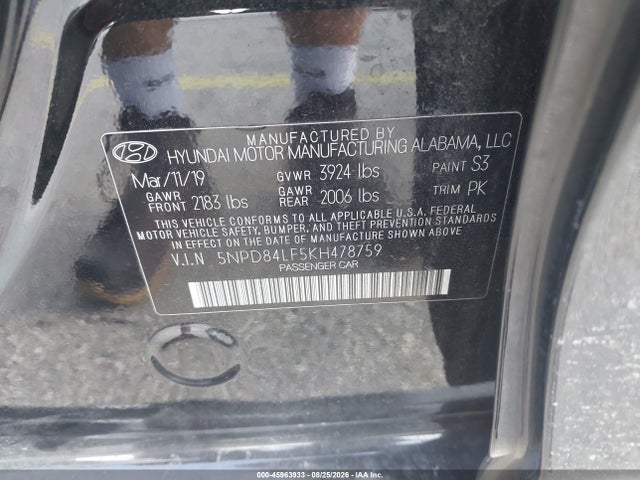 2019 Hyundai Elantra Value Edition მანქანა იყიდება აუქციონზე, vin: 5NPD84LF5KH478759, აუქციონის ნომერი: 45963933