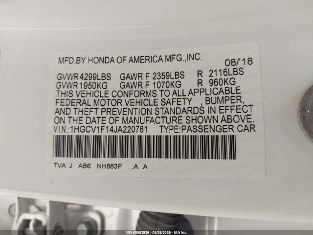 45963936 :رقم المزاد ، 1HGCV1F14JA220761 vin ، 2018 Honda Accord Lx مزاد بيع