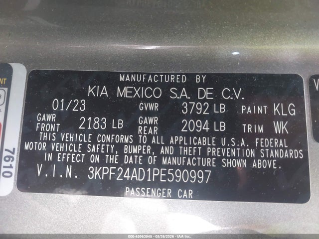 Aukcja sprzedaży 2023 Kia Forte Lxs, vin: 3KPF24AD1PE590997, numer aukcji: 45963945