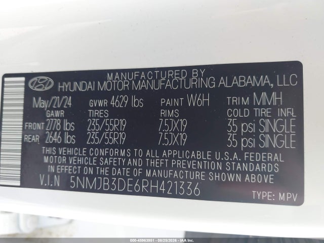Продаж на аукціоні авто 2024 Hyundai Tucson Sel, vin: 5NMJB3DE6RH421336, номер лоту: 45963951