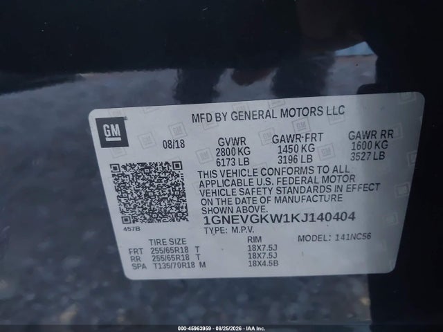 Продаж на аукціоні авто 2019 Chevrolet Traverse 1lt, vin: 1GNEVGKW1KJ140404, номер лоту: 45963959