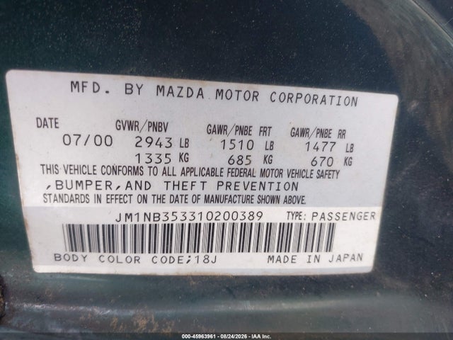 Aukcja sprzedaży 2001 Mazda Mx-5 Miata Ls/special Edition, vin: JM1NB353310200389, numer aukcji: 45963961