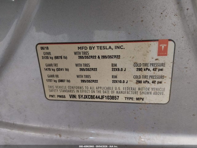 45963965 :رقم المزاد ، 5YJXCBE44JF103857 vin ، 2018 Tesla Model X 100d/75d/p100d مزاد بيع