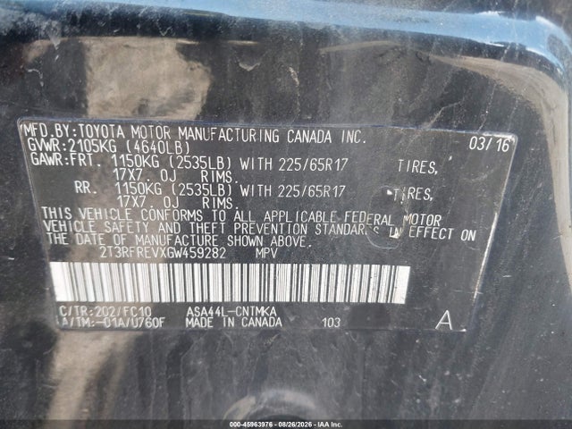 Продаж на аукціоні авто 2016 Toyota Rav4 Xle, vin: 2T3RFREVXGW459282, номер лоту: 45963976