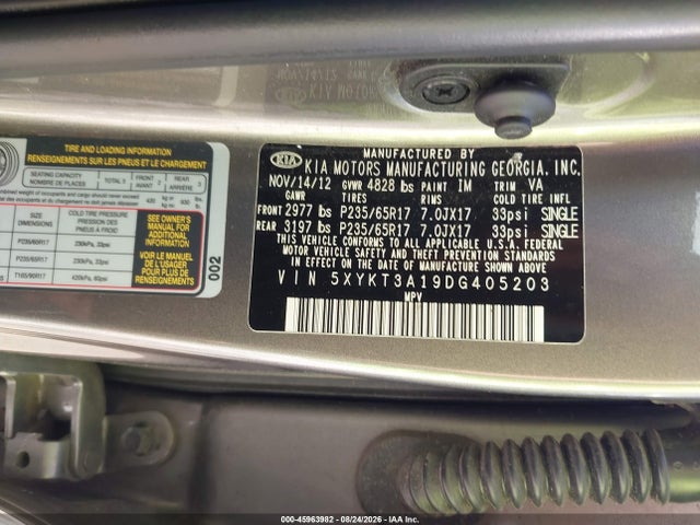 45963982 :رقم المزاد ، 5XYKT3A19DG405203 vin ، 2013 Kia Sorento Lx مزاد بيع