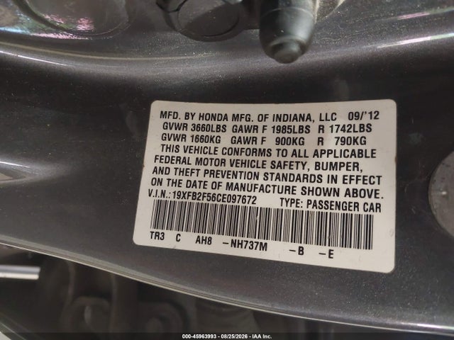 2012 Honda Civic Lx მანქანა იყიდება აუქციონზე, vin: 19XFB2F56CE097672, აუქციონის ნომერი: 45963993