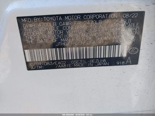 45963996 :رقم المزاد ، JTHGZ1B20N5058191 vin ، 2022 Lexus Is 350 F Sport مزاد بيع