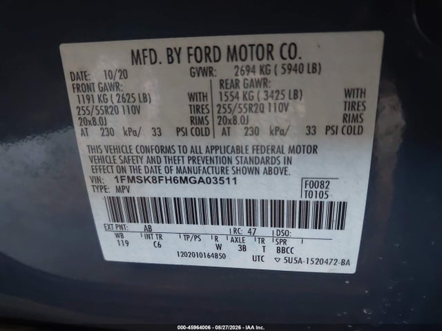 Aukcja sprzedaży 2021 Ford Explorer Limited, vin: 1FMSK8FH6MGA03511, numer aukcji: 45964006
