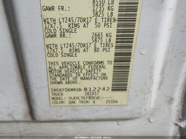 Aukcja sprzedaży 2016 Nissan Nv Cargo Nv1500 Sv V6, vin: 1N6BF0KM4GN812242, numer aukcji: 45964012