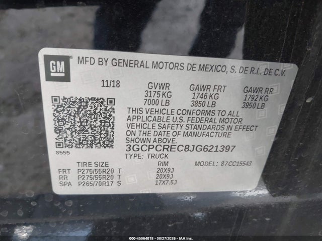 Продажа на аукционе авто 2018 Chevrolet Silverado 1500 1lt, vin: 3GCPCREC8JG621397, номер лота: 45964018