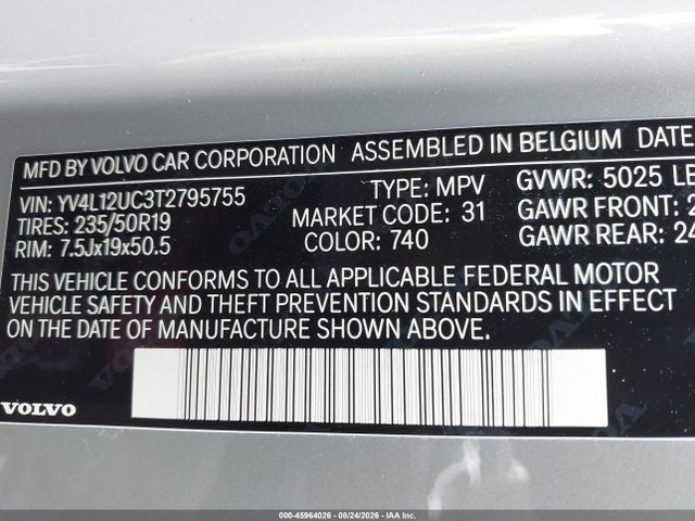 45964026 :رقم المزاد ، YV4L12UC3T2795755 vin ، 2026 Volvo Xc40 Plus, B5 Awd Gas (mild Hybrid), Dark مزاد بيع