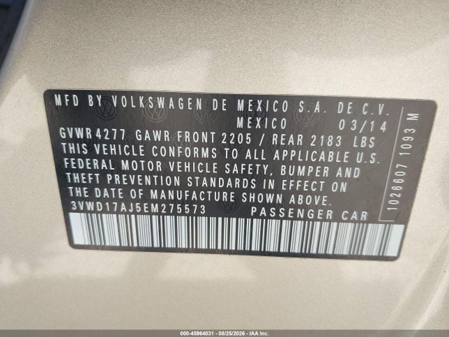 45964031 :رقم المزاد ، 3VWD17AJ5EM275573 vin ، 2014 Volkswagen Jetta 1.8t Se مزاد بيع
