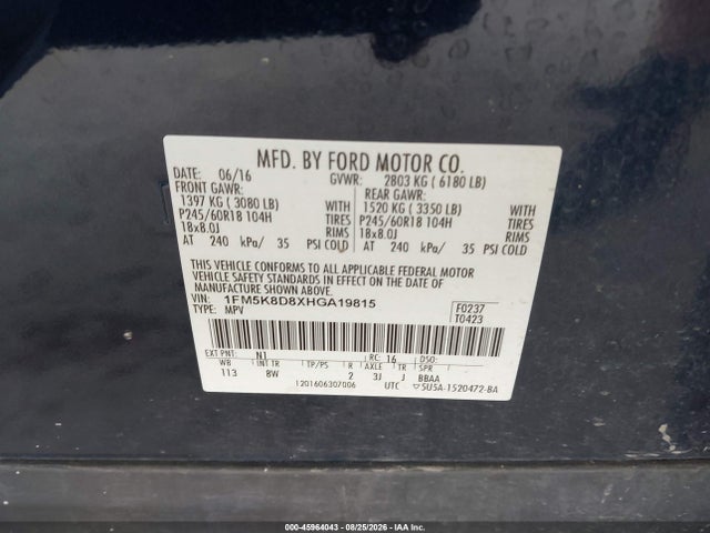 Aukcja sprzedaży 2017 Ford Explorer Xlt, vin: 1FM5K8D8XHGA19815, numer aukcji: 45964043